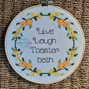 Live, Laugh, Toaster bath stitch, completed cross stitch, snarky stitch, birthday gift for best friend, gift for sister, housewarming gift