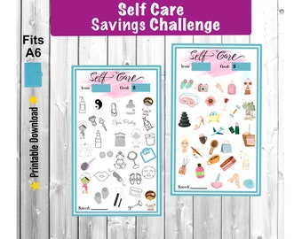 Self Care Savings Challenge, printable A6 mini savings challenge, budget binder cash saving envelope challenge, low income savings