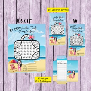 May include: A printable vacation fund saving challenge chart with a beach theme. The chart features a suitcase with 50 circles to fill in with dollar amounts. The chart is designed to help you save &pound;1,000 for a vacation. The chart is 8.5 inches by 11 inches.