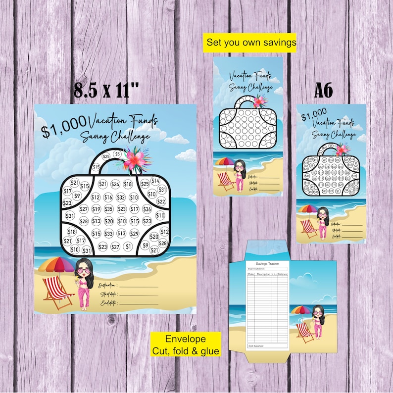 May include: A printable vacation fund saving challenge chart with a beach theme. The chart features a suitcase with 50 circles to fill in with dollar amounts. The chart is designed to help you save &pound;1,000 for a vacation. The chart is 8.5 inches by 11 inches.