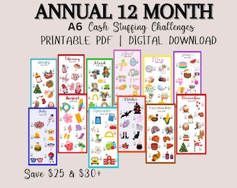 Annual 12 Month Savings Challenge Printable | A6 Money Tracker & Budgeting Tool | Digital Download for Cash Stuffing