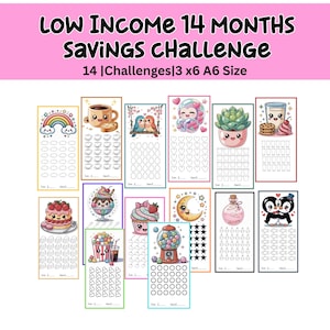 Può includere: Una collezione di 14 tracker di sfide di risparmio con simpatiche illustrazioni, tra cui un arcobaleno e dei dessert. Il testo in alto recita "LOW INCOME 14 MONTHS SAVINGS CHALLENGE". Ogni tracker è in formato A6.
