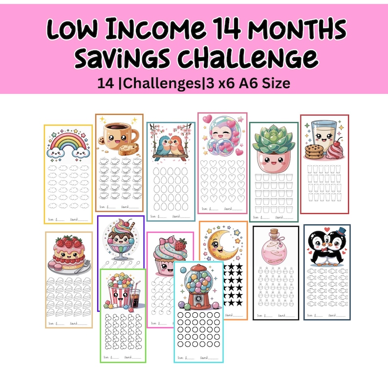 May include: A set of 14 illustrated savings challenge cards, featuring designs like a rainbow, coffee, and sweets. The text at the top says "LOW INCOME 14 MONTHS SAVINGS CHALLENGE". Each card is A6 size, approximately 10.5 x 14.8 cm.