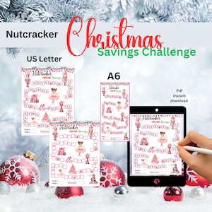 May include: Printable Nutcracker Christmas Savings Challenge in US Letter and A6 sizes. The challenge features a pink and white design with a Nutcracker and a ballerina. The printable is available as a PDF instant download.