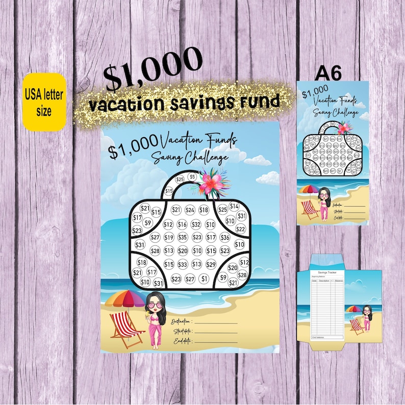 Blue suitcase with savings challenge on suitcase beach scene with women enjoying the sunny beach