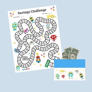 Könnte beinhalten: Ein weißes Spar-Challenge-Spielbrett mit einem gewundenen Pfad, Dollarsymbolen und Roboterillustrationen. Der Text "Savings Challenge" steht oben. Ein blau-weißer Geldhalter befindet sich neben dem Spielbrett, mit Geldscheinen sichtbar.
