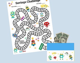 100 Savings Challenge, Robots Printable Savings Challenge for Kids, low budget income
