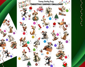 Christmas Mystery Savings Challenge-Quirky Funny Dogs savings, Printable challenge, save money Savings tracker, Printable Challenge