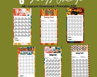Retro Savings Challenge, A6 Savings Challenge, Money Saving Challenge for Summer, Pets, Christmas, Travel, Rainy Days and Birthday Printable