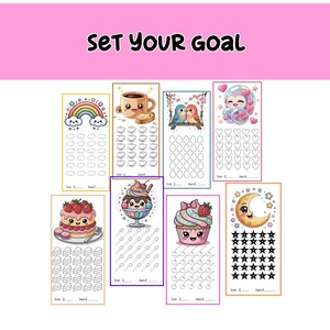 May include: A set of illustrated goal trackers featuring a rainbow, coffee, birds, and desserts. Each tracker has a space to mark progress. The text "SET YOUR GOAL" is displayed at the top of the image.