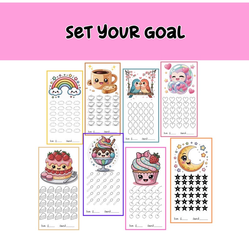 May include: A set of illustrated goal trackers featuring a rainbow, coffee, birds, and desserts. Each tracker has a space to mark progress. The text "SET YOUR GOAL" is displayed at the top of the image.
