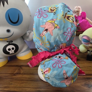 Bikini Bottom Best Friends with coordinating fabric Ponytail Scrub Hat,  Scrub Cap, Surgical Hat, Surgical Cap