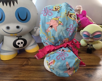 Bikini Bottom Best Friends with coordinating fabric Ponytail Scrub Hat,  Scrub Cap, Surgical Hat, Surgical Cap