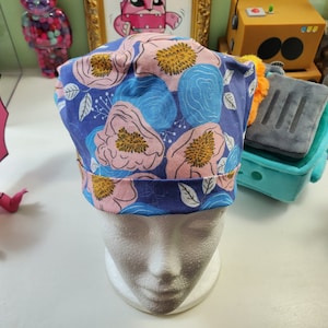 Pink and blue flowers pixie scrub cap,  Scrub Hat,  Surgical Cap, Surgical Hat