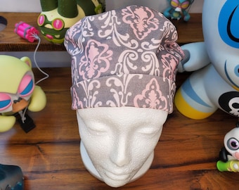 Gray and Pink Damask Print Pixie Scrub Cap, Scrub Hat, Surgical Cap, Surgical Hat