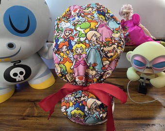Super Mario Bros and Friends with Red and White Dot Ponytail Scrub Cap, Scrub Hat, Surgical Cap, Surgical Hat