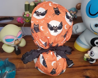 Halloween Owls with Coordinating Halloween Fabric Ponytail Scrub Cap, Scrub Hat, Surgical Cap, Surgical Hat