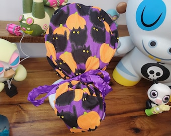 Halloween fat black cats and pumpkins with multi colored pumpkins Ponytail Scrub Hat, Scrub Cap, Surgical Hat Surgical Cap
