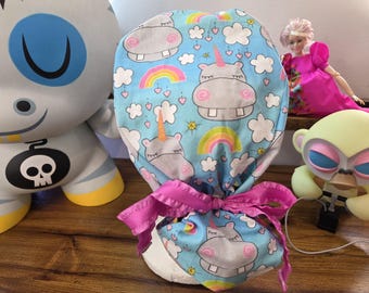 Magical Unicorn Hippos with Coordinating Rainbow Fabric Ponytail Style Scrub Cap,  Surgical Cap, Scrub Hat, Surgical Hat