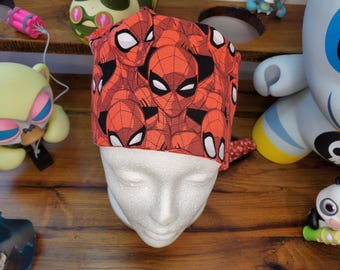 The Many Faces of Spiderman with Coordinating Fabric Men's Scrub Hat, Scrub Cap, Surgical Hat, and Surgical Cap