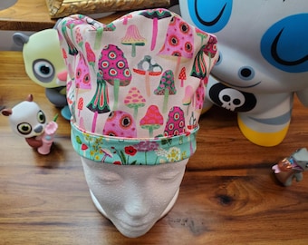 Pretty in Pink Mushroom with Coordinating Fabric Pixie Scrub Hat,Surgical Cap, Surgical Hat,  Scrub Cap