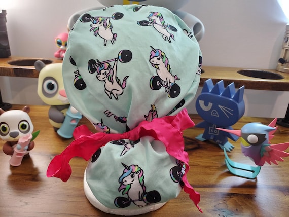 Magical Powerlifting Unicorns with Coordinating Rainbow Fabric Ponytail Scrub Hat,  Scrub Cap,  Surgical Hat,  Surgical Cap