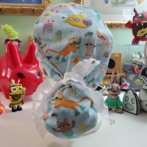 Scuba Cats with Coordinating Seersucker Fabric Ponytail Scrub Hat,  Scrub Cap,  Surgical Hat,  Surgical Cap