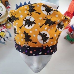 Halloween Witches Flying In The Sky with Coordinating Halloween Fabric Scrub Cap, Scrub Hat, Surgical Cap, Surgical Hat