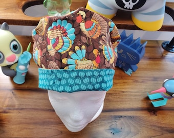 Thanksgiving Turkey's with Teal Pumpkin Coordinating Fabric Pixie Style Scrub Hat, Scrub Cap, Surgical Hat, Surgical Cap