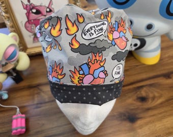 STEMI on Fire Everything is Fine with Coordinating  Fabric Pixie Style Scrub Hat,  Scrub Cap,  Surgical Hat,  Surgical Cap