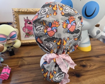 STEMI on Fire Everything is Fine with Coordinating  Fabric Ponytail Style Scrub Hat,  Scrub Cap,  Surgical Hat,  Surgical Cap