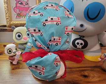 Adorable Ambulances with Coordinating Fabric Ponytail Scrub Hat,Surgical Cap, Surgical Hat,  Scrub Cap
