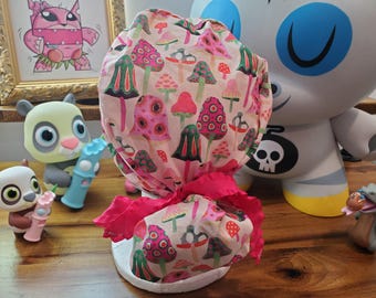 Pretty In Pink Mushroom with Coordinating Fabric Ponytail Scrub Hat,Surgical Cap, Surgical Hat,  Scrub Cap