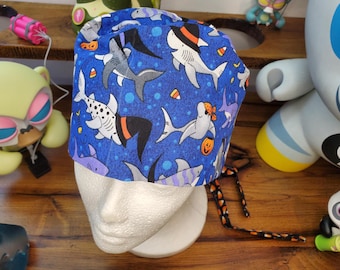 Halloween Sharknado...Sharks in Halloween Hats with Candy Corn Coordinating Fabric Men's Scrub Cap, Scrub Hat, Surgical Cap, Surgical Hat