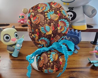 Thanksgiving Turkey's with Teal Pumpkin Coordinating Fabric Ponytail Style Scrub Hat, Scrub Cap, Surgical Hat, Surgical Cap