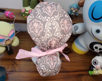 Gray and Pink Damask Print Ponytail Scrub Cap, Scrub Hat, Surgical Cap, Surgical Hat