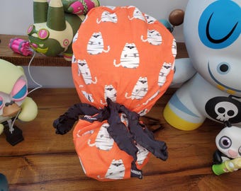 Halloween Mummy Fat Cats on Orange with Glow in the Dark Coordinating Star Fabric Ponytail Scrub Hat, Surgical Cap