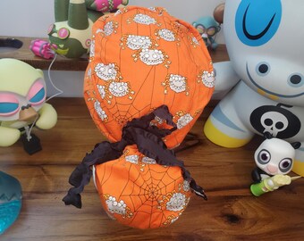 Halloween Spider with Spiderweb and Coordinating Halloween Fabric Ponytail Scrub Cap, Scrub Hat, Surgical Cap, Surgical Hat