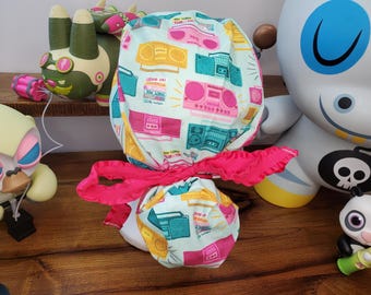 Colorful Retro Boomboxes with Coordinating Tape Fabric Ponytail Scrub Hat,  Scrub Cap,  Surgical Hat,  Surgical Cap