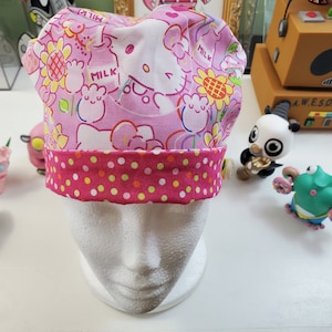 Kitty in a Garden With Coordinating Fabric Adjustable Pixie Style Scrub Cap, Scrub Hat,  Surgical Cap, Surgical Hat