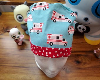 Adorable Ambulance with Coordinating Fabric Pixie Scrub Hat,Surgical Cap, Surgical Hat,  Scrub Cap
