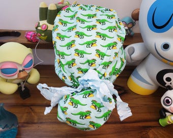 T-REX Eating Tacos with Coordinating Green Fabric Ponytail Scrub Hat, Scrub Cap, Surgical Hat, Surgical Cap