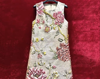 Vintage Embroidered 3D Peony Floral & Jeweled A - Line Dress | Garden Party, Wedding Guest Outfit (For All Ages), Romantic Gift