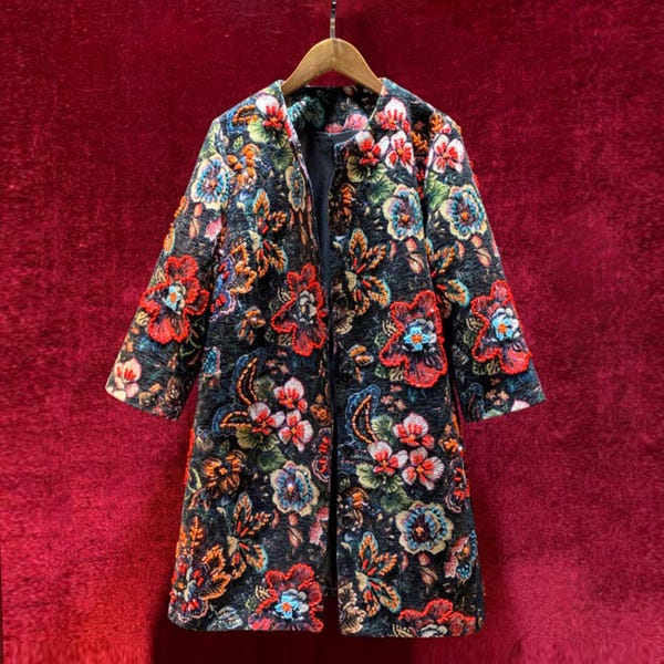 Vintage French Embroidery Midi Coat- 3D Flowers & Jeweled Accents|Mother of the Bride/Groom Outfit, Christmas Outerwear|Monogram Support