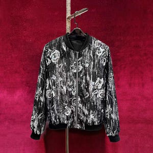 French Vintage Jacquard Baseball Jacket | Intricate Embroidered & Jeweled Bomber Jacket, Streetwear Beaded Statement Piece | for All Ages