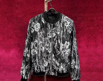 Frans vintage jacquard baseballjack | Complex geborduurd bomberjack met juwelen, streetwear statement-item met kralen | voor alle leeftijden