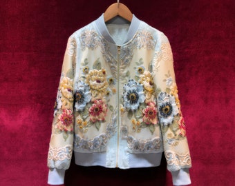 French Vintage Jacquard baseball Jacket, 3D Floral Embellished Jacket, Designer Streetwear beaded Jacket,Embroidery Rhinestone Applique Coat