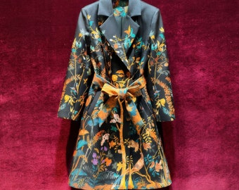 Giacca trench lunga vintage francese con cintura, cappotto decorato floreale con cintura, cappotto giacca streetwear di design, trench floreale slim fit