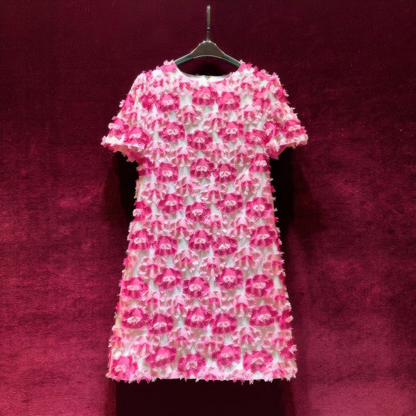 Vestido jacquard vintage francés, vestido adornado floral en 3D, vestido de diseñador, vestido con cuentas de streetwear, vestido de aplique de pedrería bordado