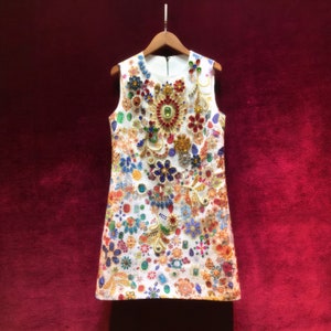 Vintage French Embroidery A-line Dress - 3D Beaded & Jeweled Accents | Custom-Fabric Romantic 3D Applique Design | Garden Party Dress